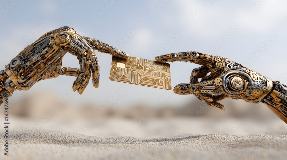 Poster two robots touching each other in a unique display of interaction and advanced technology