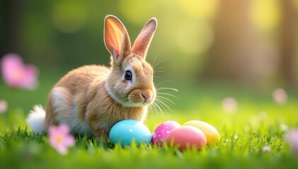 Obraz premium Adorable Easter bunny hiding colorful eggs in a spring garden , flauschig, Easter, fr?hlich
