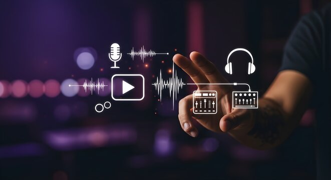 A man's hand interacts with a digital interface displaying audio and video icons, creating a futuristic vibe with purple background.