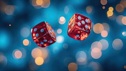 Floating red dice against a bokeh background