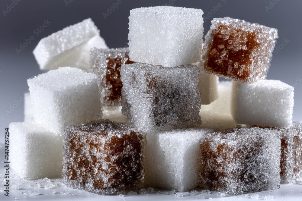 Poster sugar cubes stacked in a creative arrangement showcasing textures and colors of white and brown suga