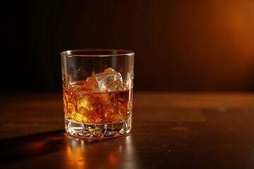 Glass of Amber Liquor on the Rocks: A Golden Cocktail on a Dark Wooden Table Against a Blurred Dark Backdrop. A Timeless Classic Drink in an Elegant Setting.