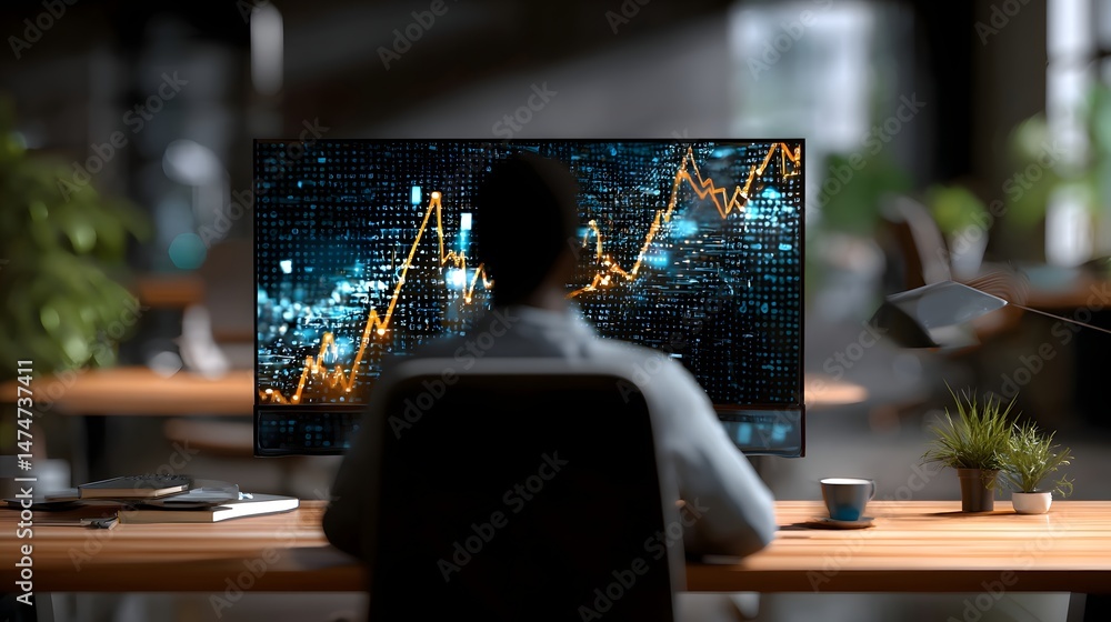 Poster individual at desk utilizing computer to analyze market trends and financial data insights