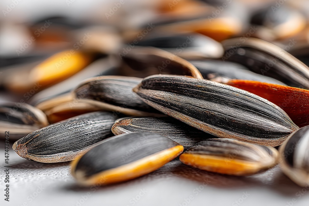 Poster sunflower seeds scattered on a smooth surface showcasing their unique textures and colors in natural