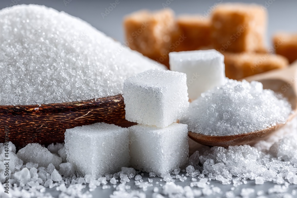 Poster Close-up view of various types of sugar and sweeteners in a rustic kitchen setting during daylight