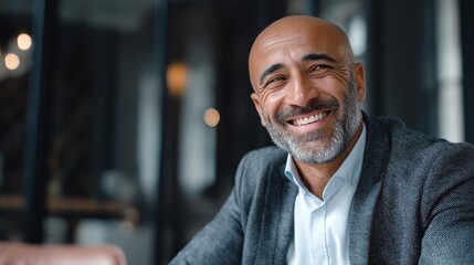 Naklejka premium Happy middle aged muslim business man ceo entrepreneur, smiling mature professional executive manager, with copy space