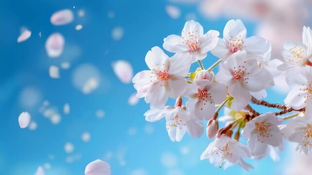 White cherry blossoms with delicate pink petals falling against vibrant blue sky. Soft bokeh background highlights flower details. Macro close-up capturing spring renewal. Seamless loop