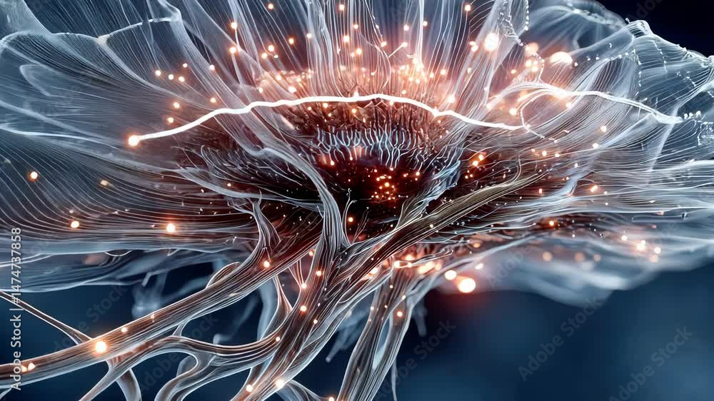 Poster elegant, glowing neural flower structure with delicate strands and sparks, symbolizing advanced tech