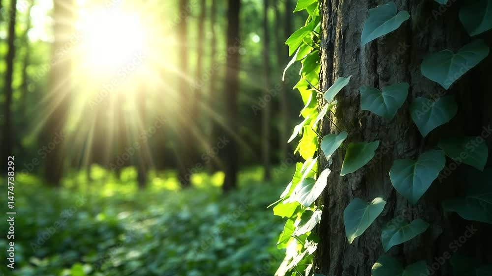 Poster a tree trunk covered in a dense network of ivy, the sunlight filtering through the forest creating a