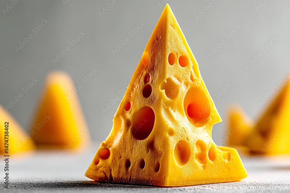 Poster yellow cheese triangles arranged artistically against a light background highlighting texture and sh