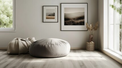 Minimal Corner Setup with Pouf and Gallery Print Display