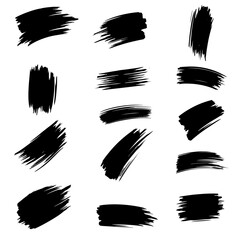  A collection of modern grungy paint brush strokes is presented, featuring calligraphy with straight smears, stamp, and lines, all hand drawn in ink and isolated on a white background with modern