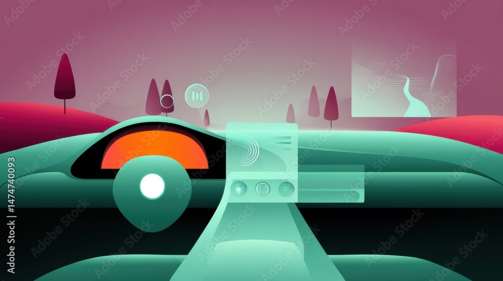 Poster futuristic car dashboard with digital navigation display, set against a stylized landscape with vibr