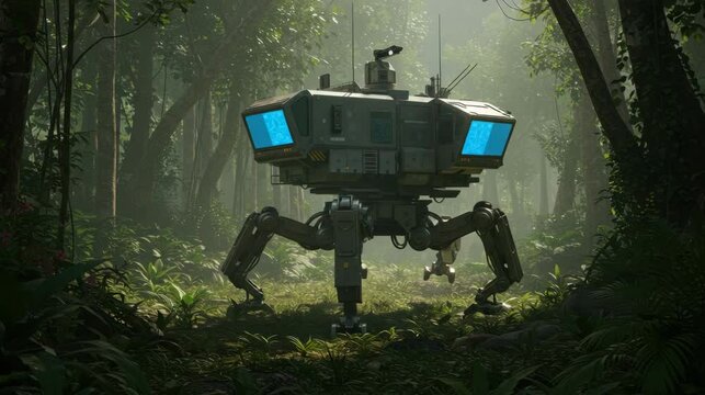 Futuristic Robot in Forest with Glowing Blue Eyes
