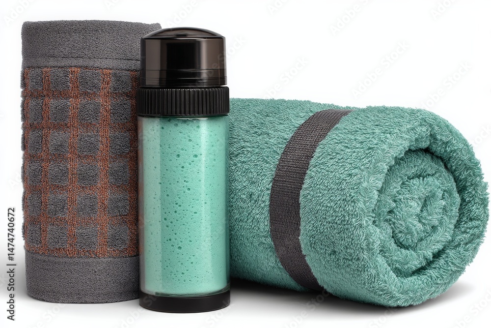 Poster spa essentials featuring towels and body scrub on a pristine background ideal for relaxation and sel