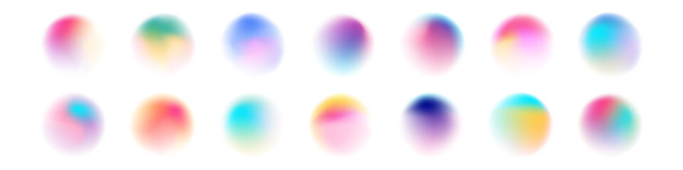 Set of colorful watercolor translucent gradient samples, Smooth gradient glowing neon paint spots, Vector illustration.