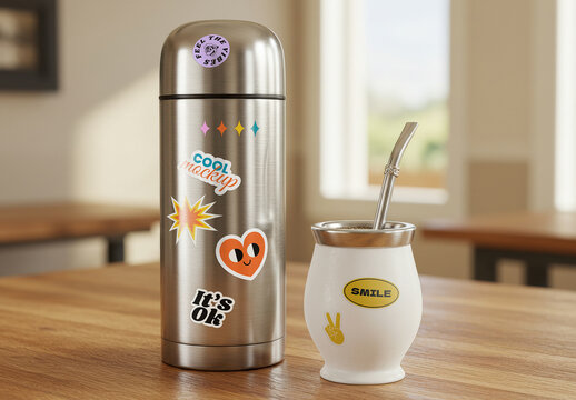 Thermos with Mate Sticker Mockup