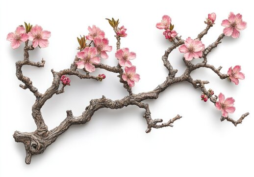 Delicate branch with pink blossoms,  isolated on white background.  Small blossoms adorn the weathered branches, creating a serene and elegant image