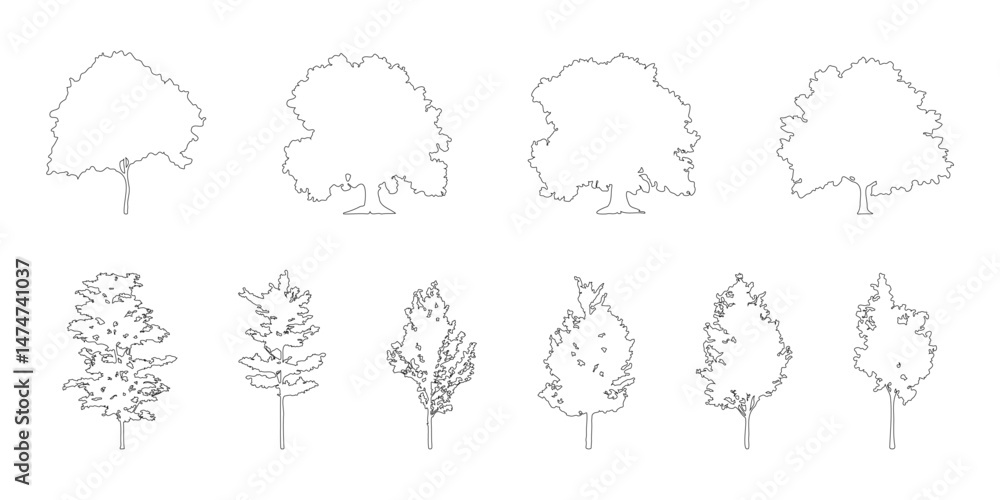 Aufkleber silhouette tree line drawing set, Side view, set of graphics trees elements outline symbol for architecture and landscape design drawing. Vector illustration in stroke fill in white. Tropical