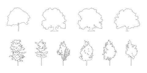 silhouette tree line drawing set, Side view, set of graphics trees elements outline symbol for architecture and landscape design drawing. Vector illustration in stroke fill in white. Tropical