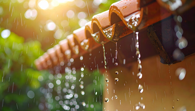 Rainwater Dripping from Roof Tiles: Close-up image of raindrops cascading down from a terracotta roof tile during a rain shower.