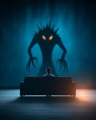 A person confronts their inner fears in a dimly lit room.