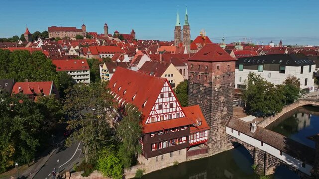 Aerial view of the historic Wasserturm on the Pegnitz River in Nuremberg,Germany
