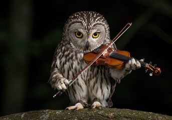 Owl playing violin, Avian musician, Violinist owl, Nocturnal concert, Flying musician, Bird with instrument