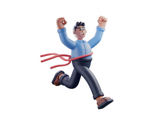 Joyful 3D Cartoon Man Crossing Finish Line on Transparent Background