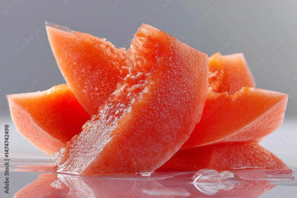 Poster slices of ripe cantaloupe arranged on a reflective surface with droplets of water captured in bright