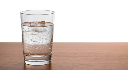 Refreshing glass of water with ice cubes on a wooden table backdrop