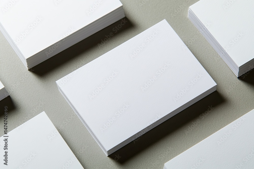 Poster stacks of blank white business cards arranged on a gray surface. close-up view shows the cards' rect
