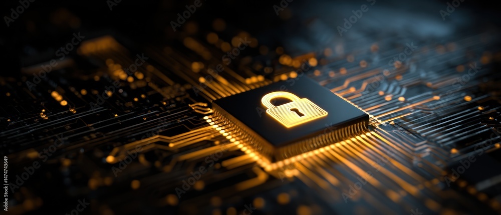 Poster secure circuit board chip with glowing lock