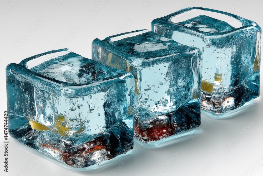 Poster Three shimmering ice cubes with bubbles and citrus pieces in a clear background