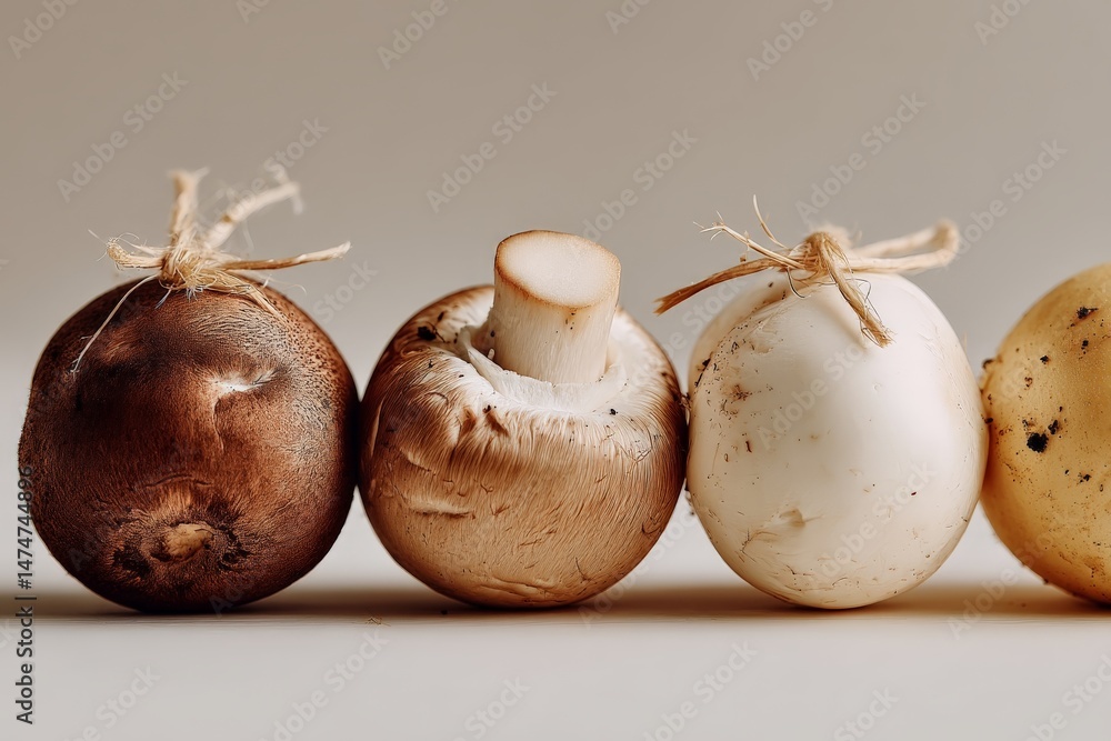 Poster Mushrooms arranged in a line showcasing different varieties and colors on a neutral background