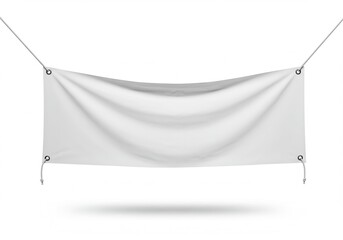 A blank white banner hanging with ropes and grommets against a white background for advertisements