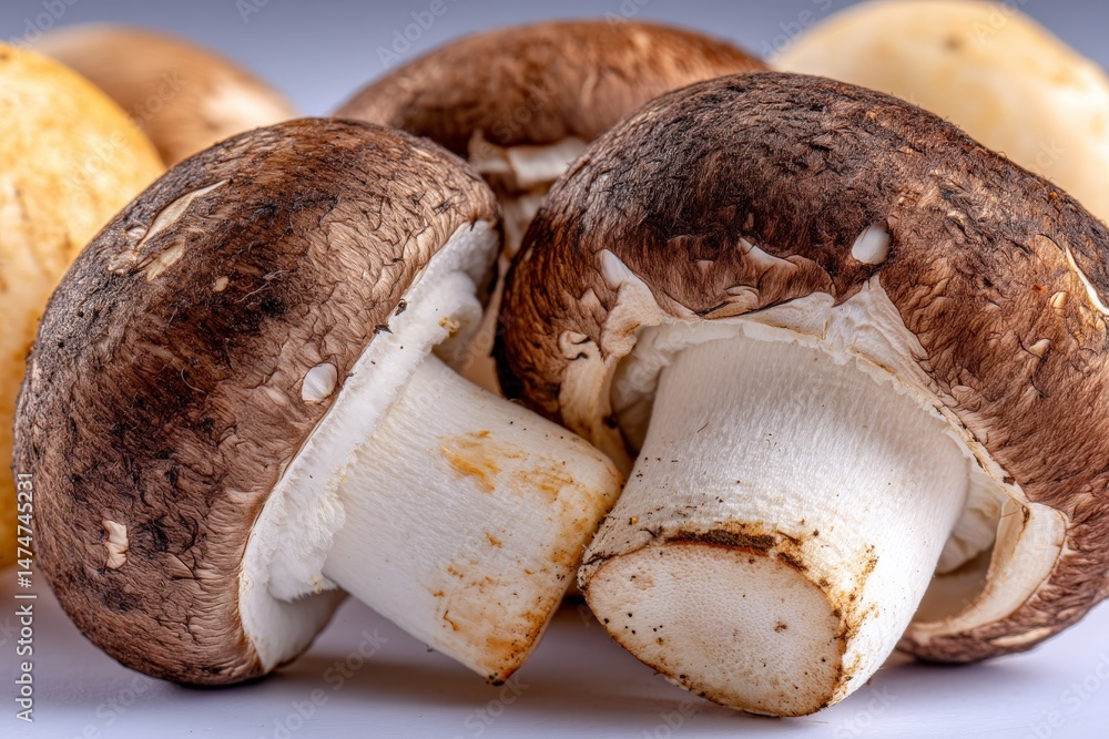 Poster Fresh brown mushrooms and yellow fungi display with textured caps and stems on a white background in a culinary setting