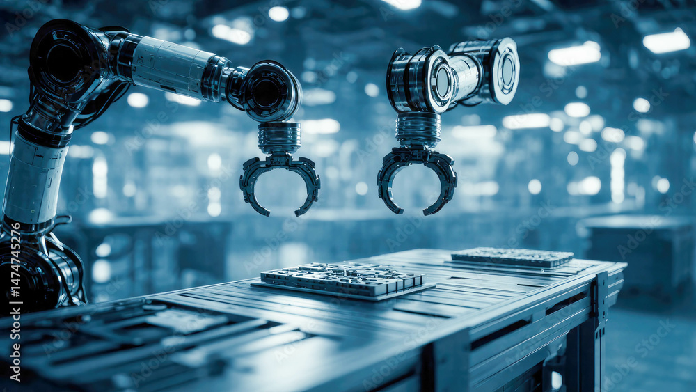 Poster advanced robotic arms assembling components in a futuristic high-tech factory, showcasing automation