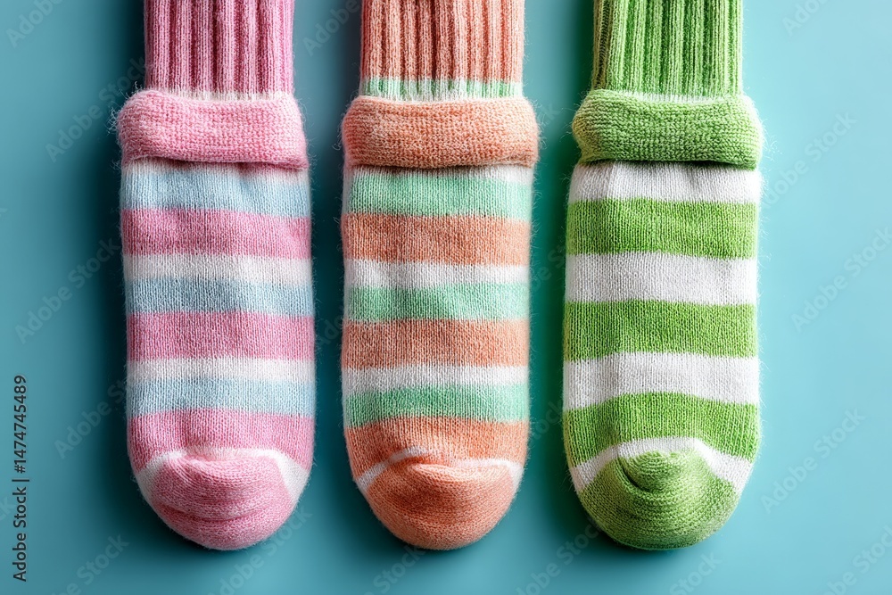 Poster Colorful striped socks arranged in a row against a light blue background showcasing different patterns and colors