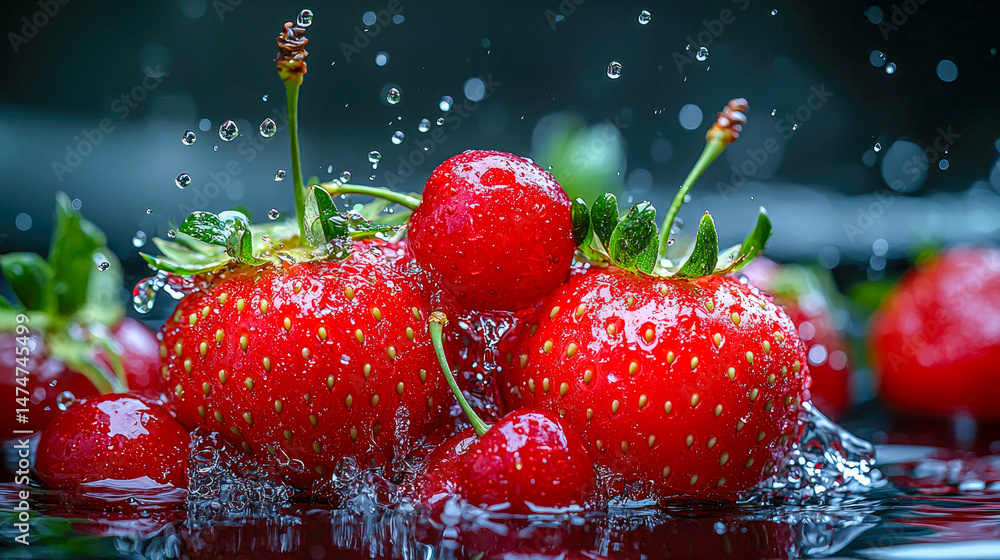 Poster fresh red strawberries and cherries splashing in water with vivid detail, captured in a dynamic and 