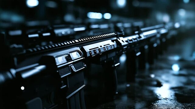 Close-up of rifles with intricate mechanical details, perfectly lined up on a dark industrial surface, symbolizing strength and advanced craftsmanship.