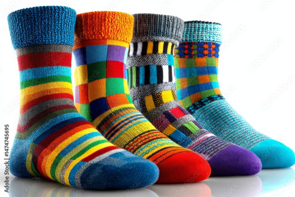 Poster Colorful and vibrant socks displayed in a row with various playful patterns and designs for fashion enthusiasts