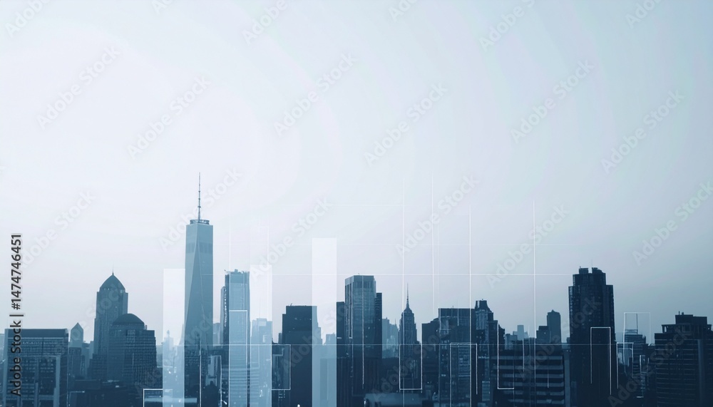 Poster abstract cityscape silhouette merged with data graphs and transparent layers, representing growth an