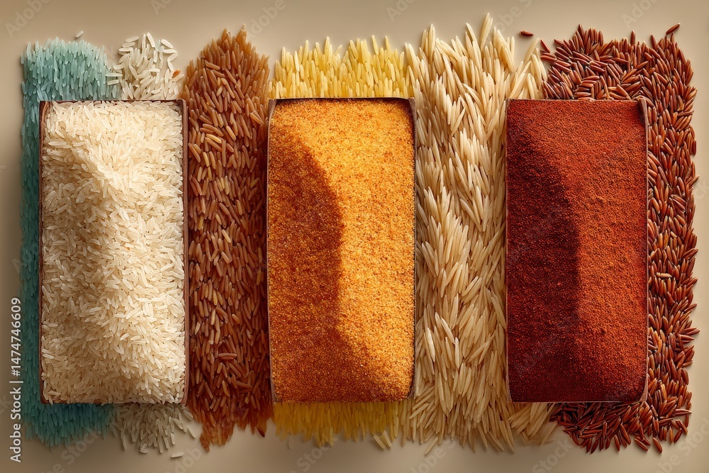 Poster Different types of rice and spices displayed in organized rows on a neutral background showcasing vibrant colors and textures