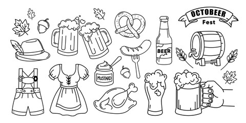 Oktober fest Doodle Icons Set with Beer, Pretzel, and Sausage Vector illustration. Beer festival set with beer mugs, pretzel, sausage, mustard, chicken, beer barrel, traditional German clothing