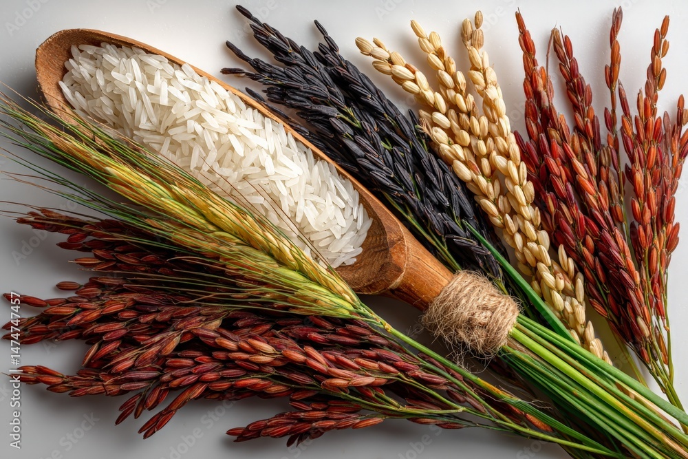 Poster different varieties of rice displayed in a wooden scoop with grains on a neutral background
