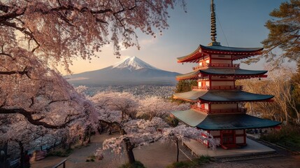 Japan at Chureito Pagoda and Mt. Fuji in the spring with cherry blossoms