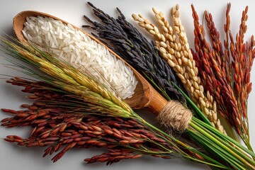 Different varieties of rice displayed in a wooden scoop with grains on a neutral background