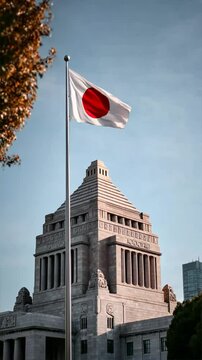 The Japanese flag with the National Diet Building in the background, symbol of pride and governance, cultural heritage, gion matsuri, kanda matsuri
