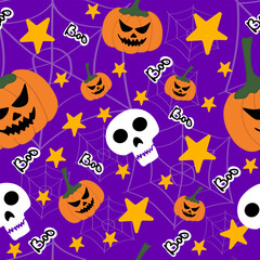 Fototapeta premium Purple Halloween Seamless Pattern with Pumpkins and Skulls